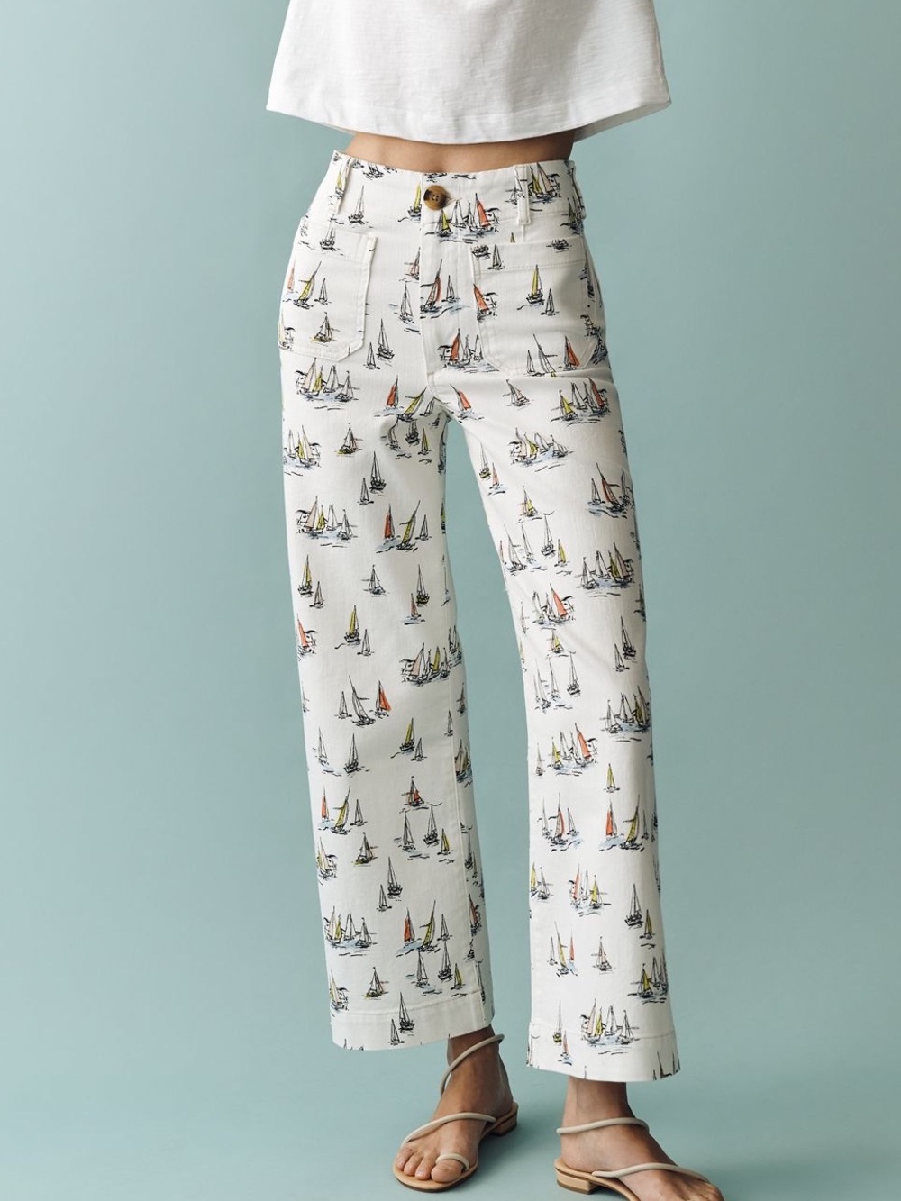 ⛵️Anthropologie Colette Jeans Maeve Wide Leg Full Length New 28 White Sailboats